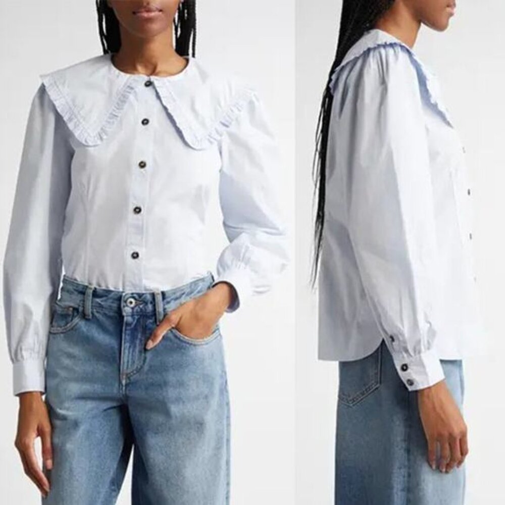 NWT Ganni Poplin Shirt Cotton Oversized Collar Puffed Sleeve Top Heather Size: M